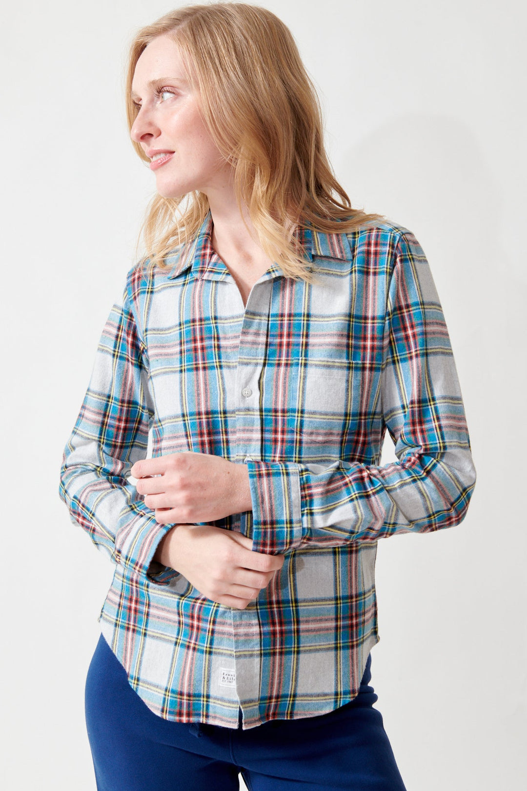 Madi wearing Frank & Eileen Barry Tailored Button Up Shirt front view