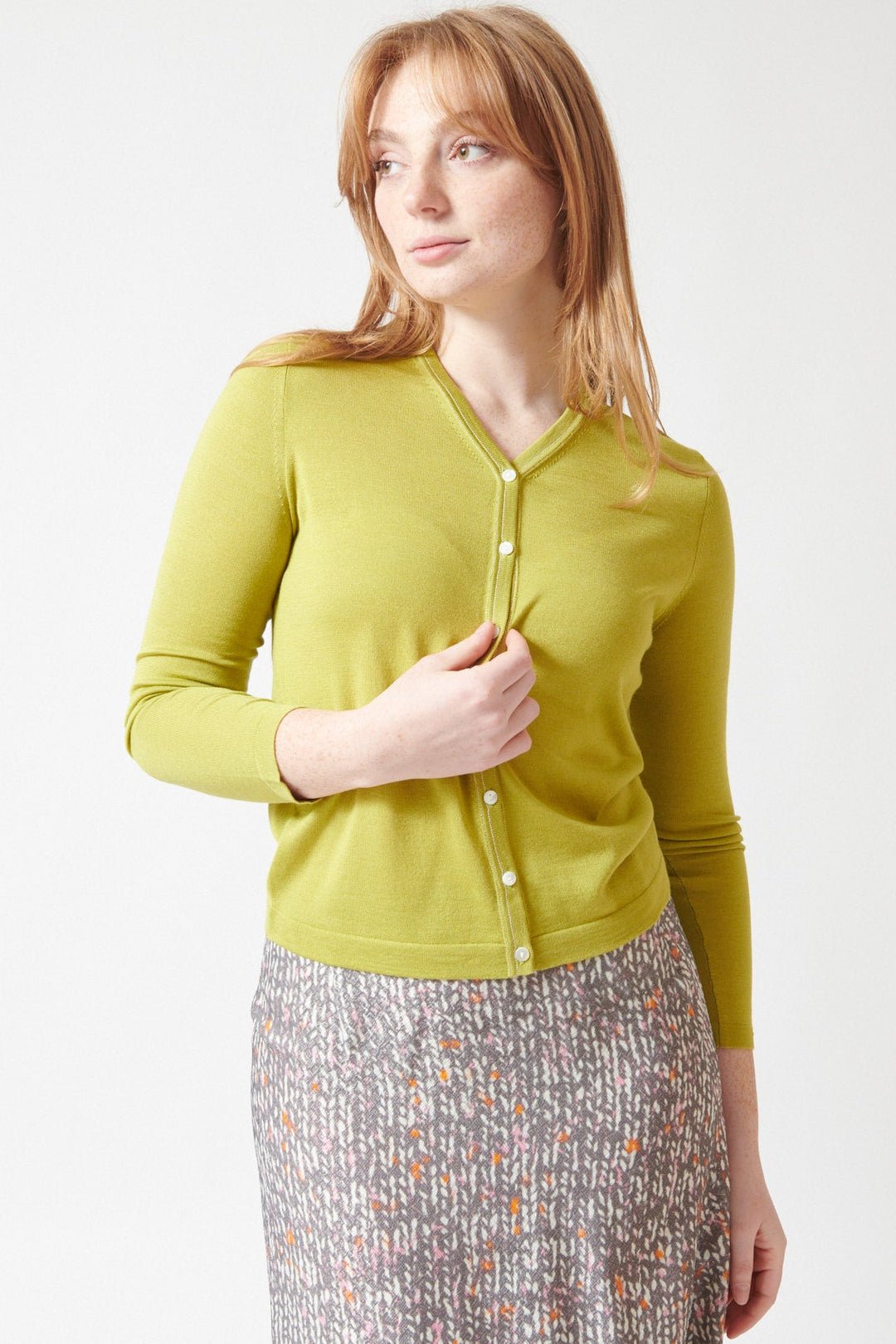 Waverly wearing 6397 Contrast Stitch Cardigan front view