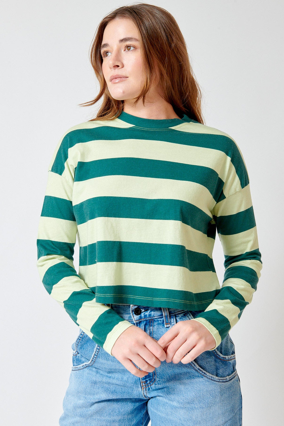 Julia wearing ASKK NY Crop Long Sleeve front view