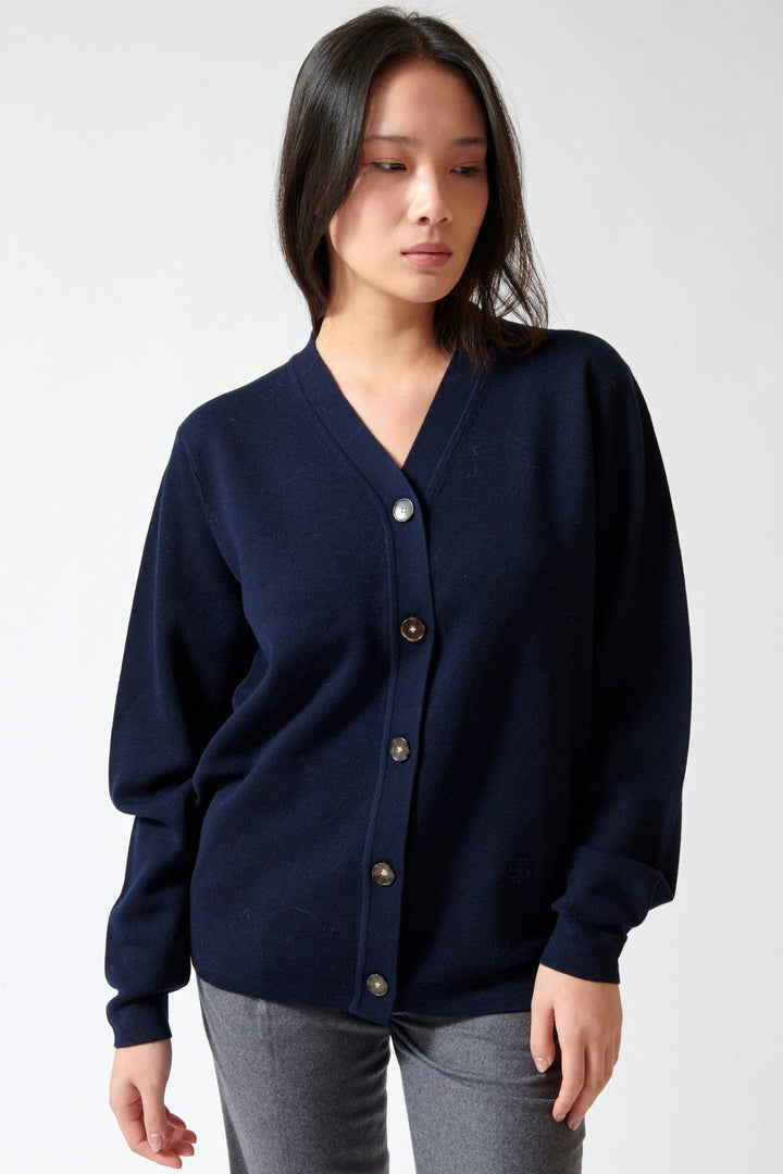 Lily wearing The Garment Bergen Dad Cardigan front view