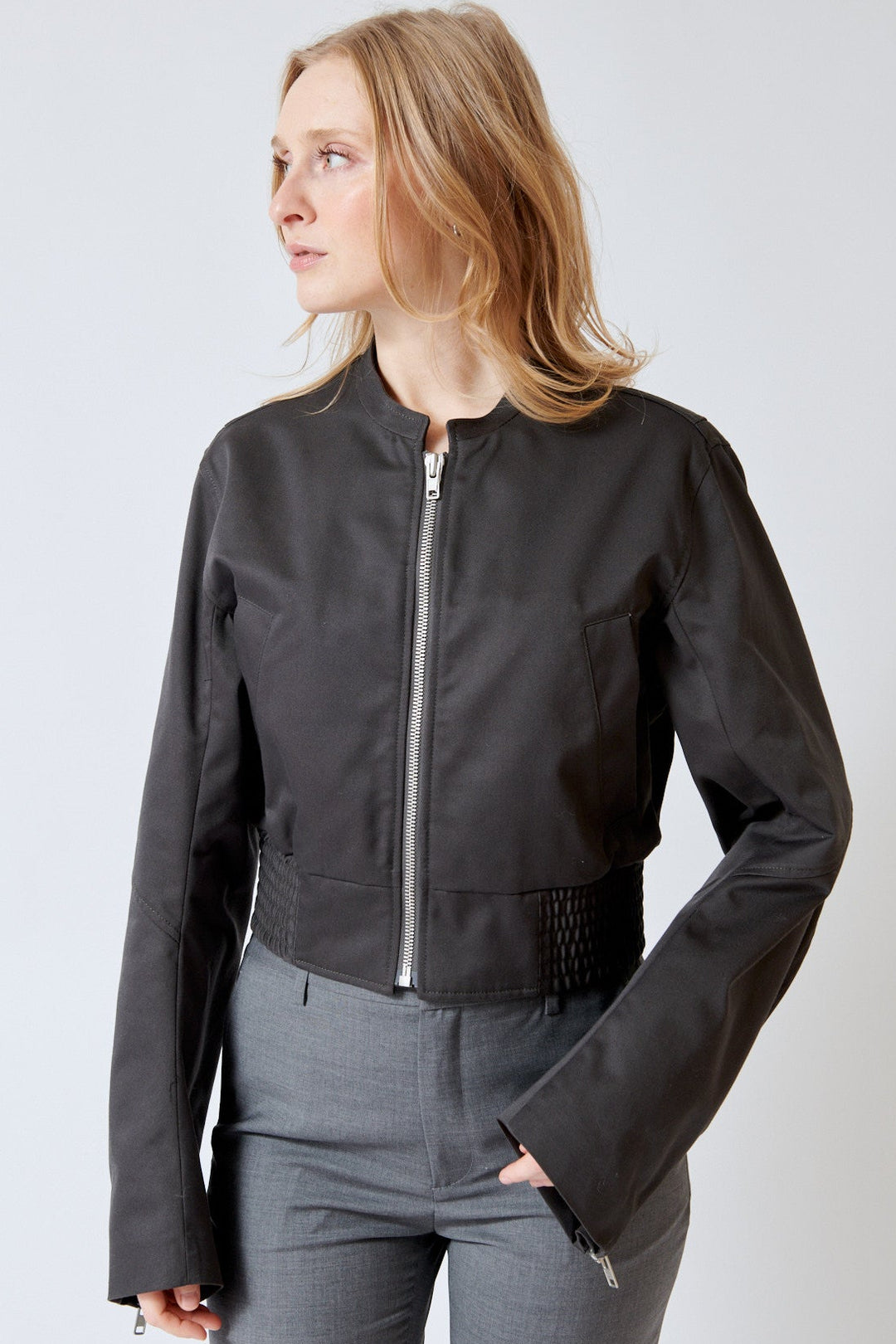 Madi wearing MM6 Maison Margiela Poly Cotton Twill Modern Bomber front view