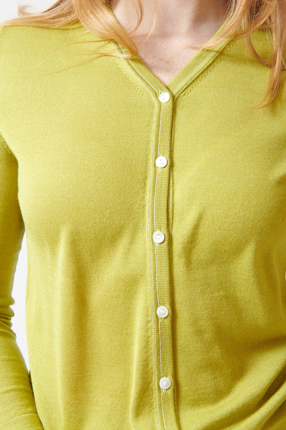 Waverly wearing 6397 Contrast Stitch Cardigan front/detail view