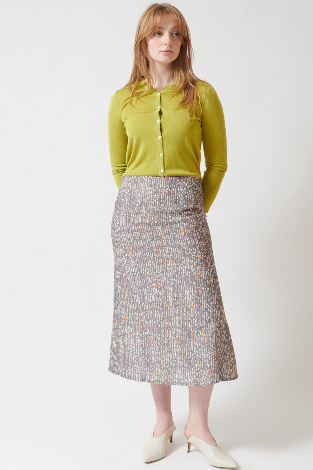 Waverly wearing 6397 Jacquard Print Skirt front view