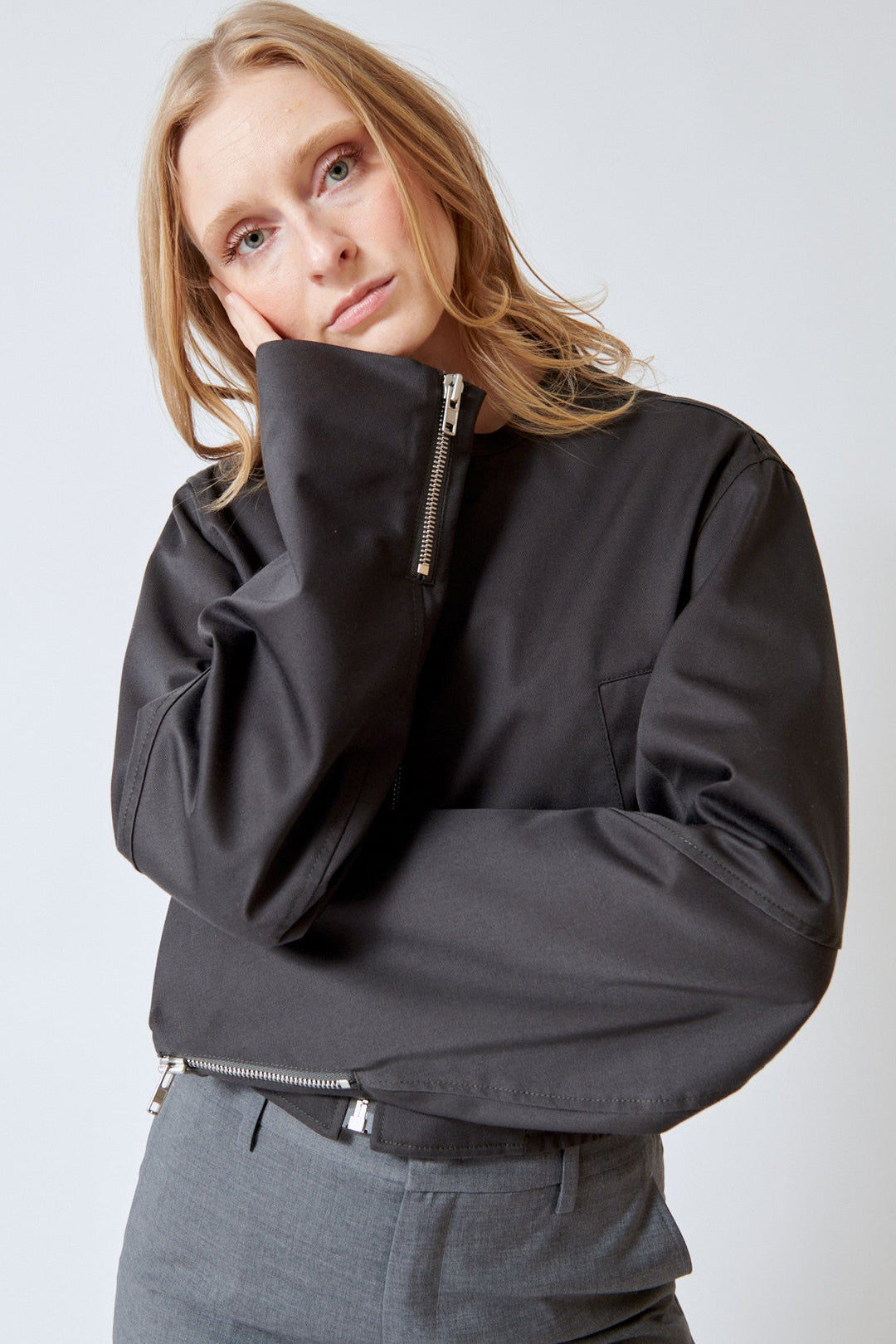 Madi wearing MM6 Maison Margiela Poly Cotton Twill Modern Bomber front view