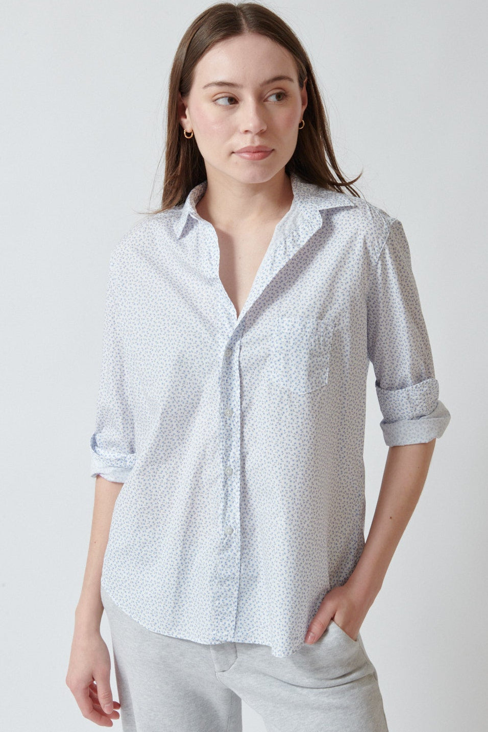 Angela wearing Frank & Eileen Eileen Relaxed Button Up Shirt front view