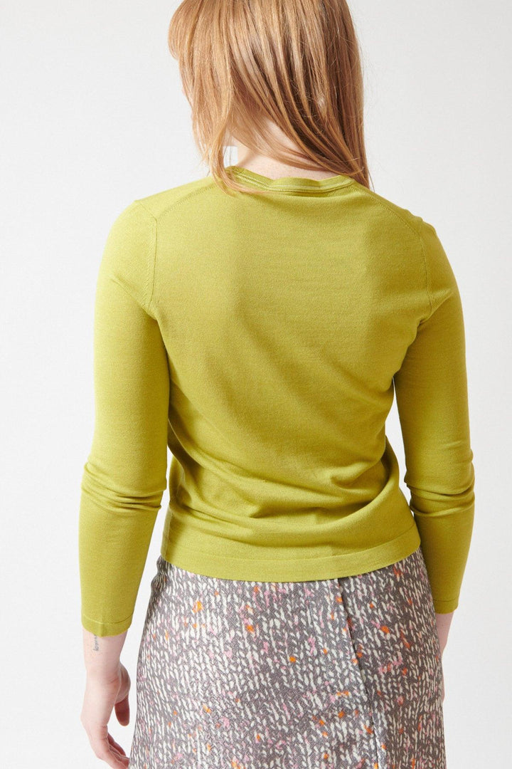 Waverly wearing 6397 Contrast Stitch Cardigan rear view