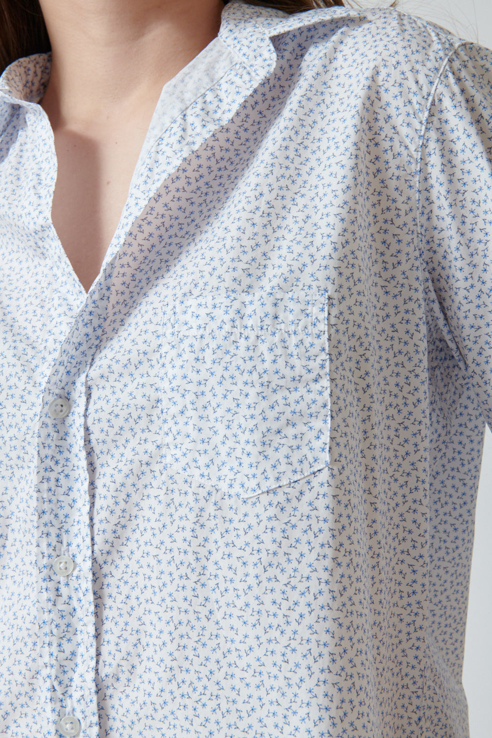 Angela wearing Frank & Eileen Eileen Relaxed Button Up Shirt front/detail view