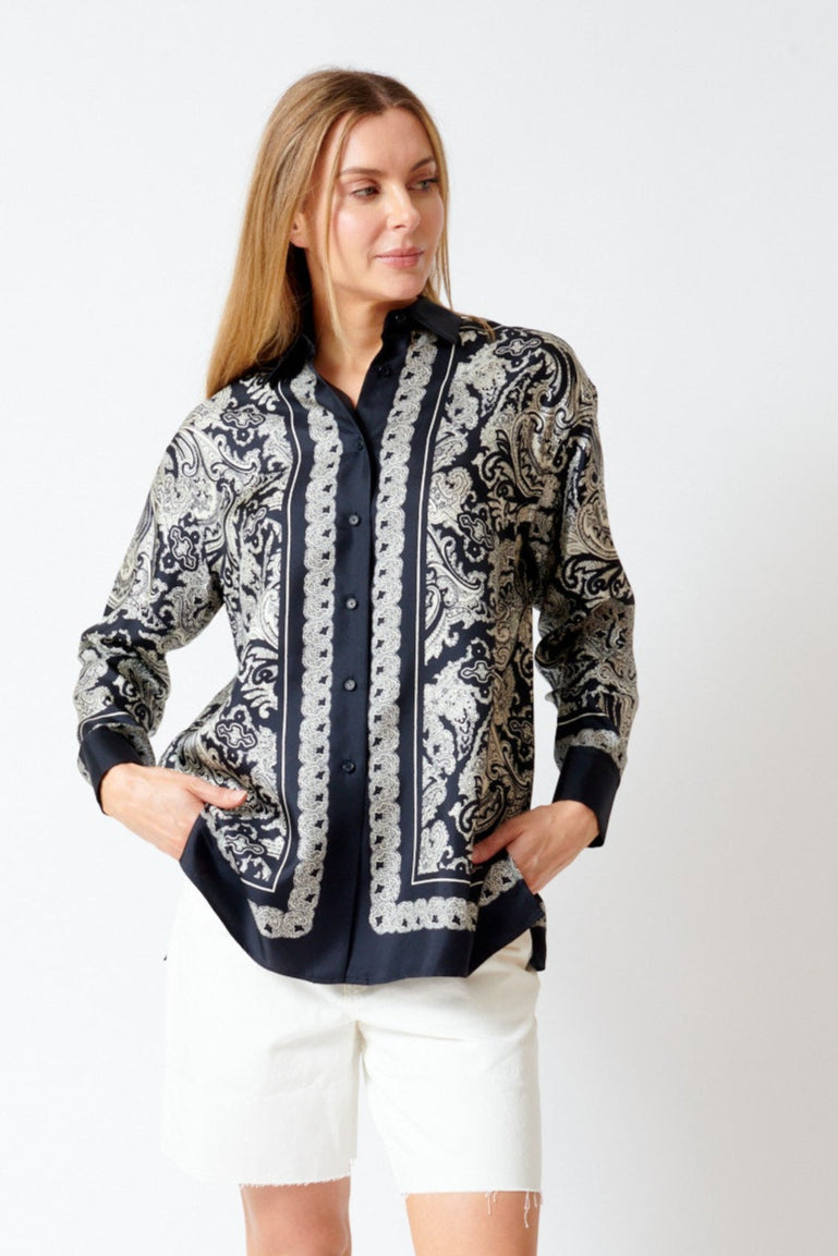 Mari wearing Nili Lotan Alfie Printed Shirt front view