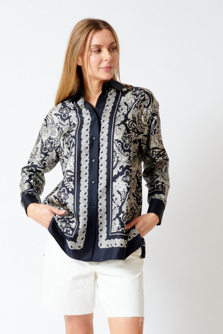 Mari wearing Nili Lotan Alfie Printed Shirt front view