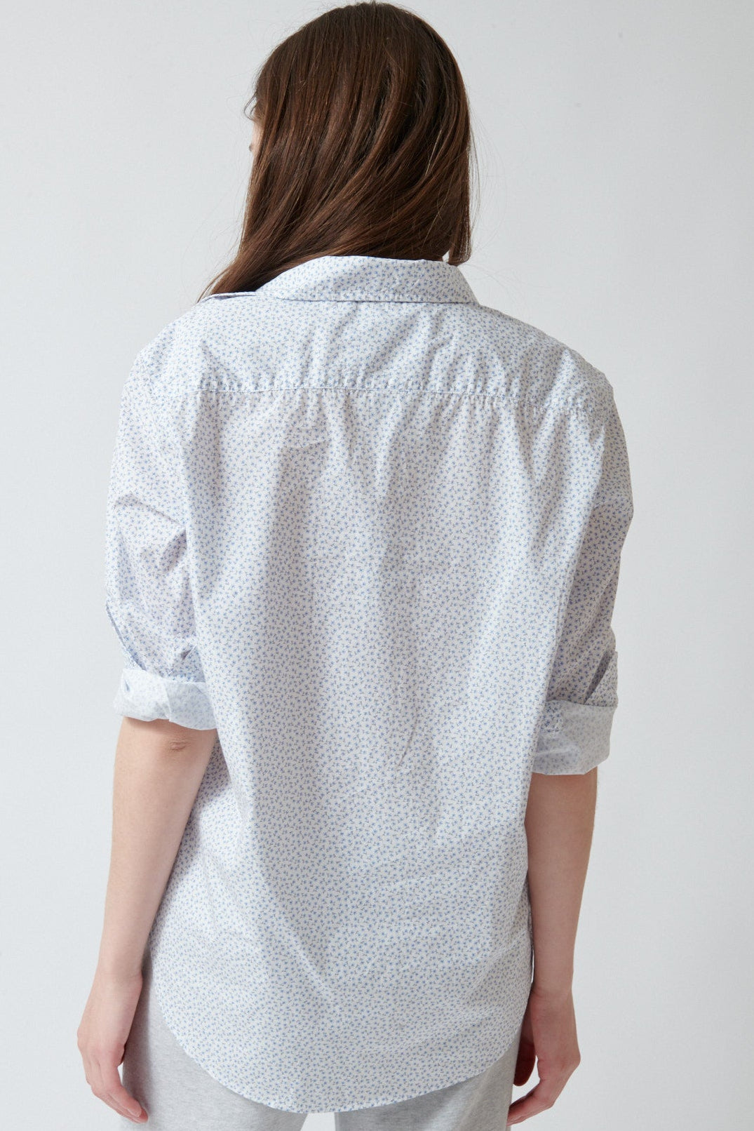 Angela wearing Frank & Eileen Eileen Relaxed Button Up Shirt rea view