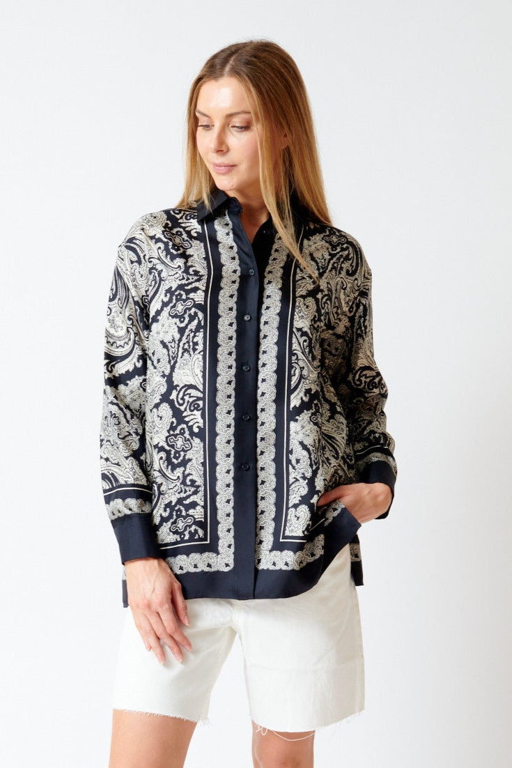 Mari wearing Nili Lotan Alfie Printed Shirt front view