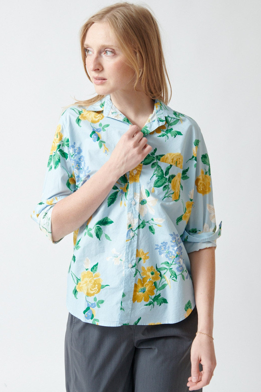 Madi wearing Frank & Eileen Eileen Relaxed Button Up Shirt front view
