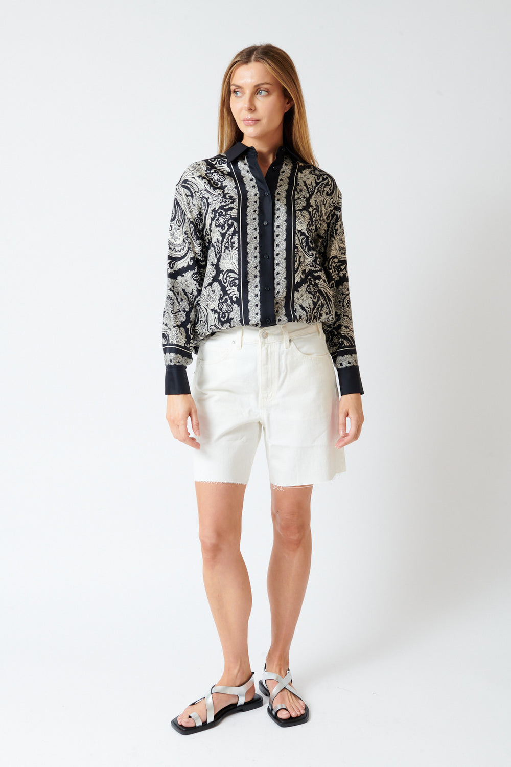 Mari wearing Nili Lotan Russel Denim Short front view