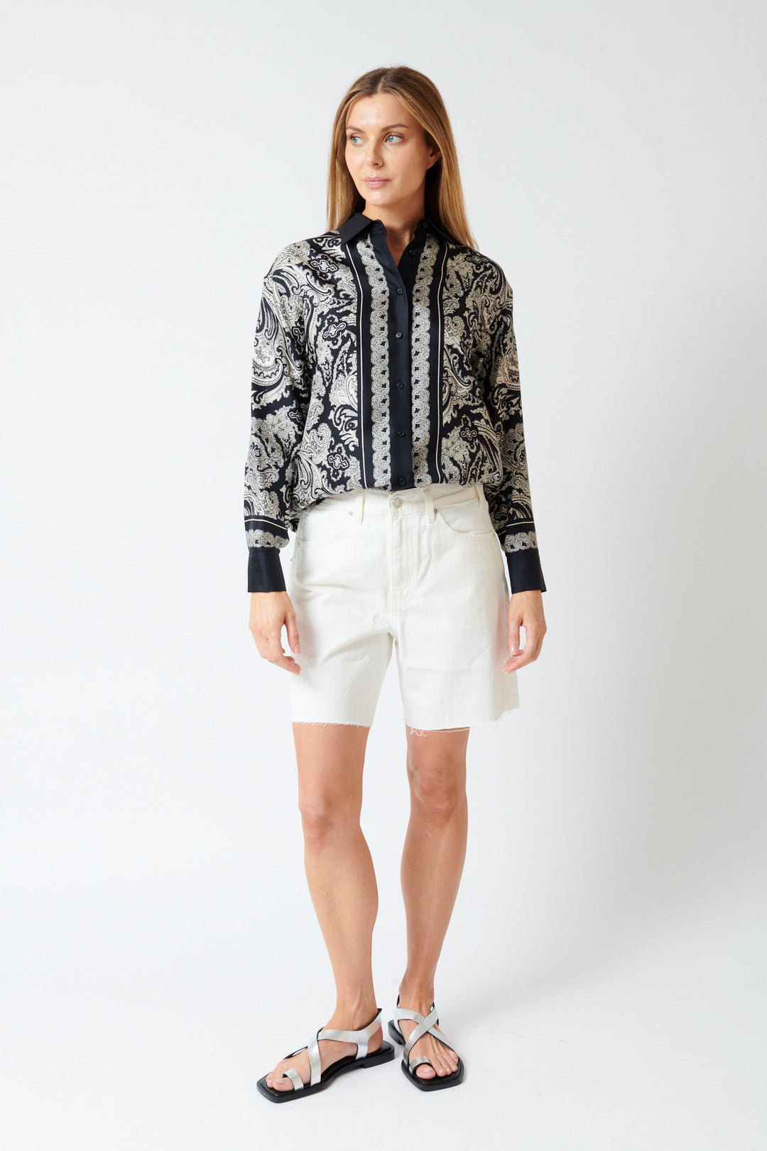 Mari wearing Nili Lotan Russel Denim Short front view