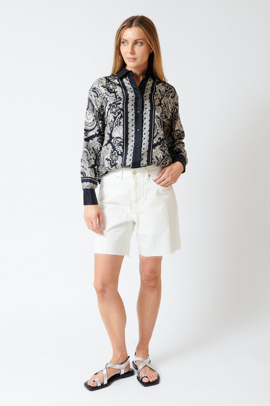 Mari wearing Nili Lotan Russel Denim Short front view