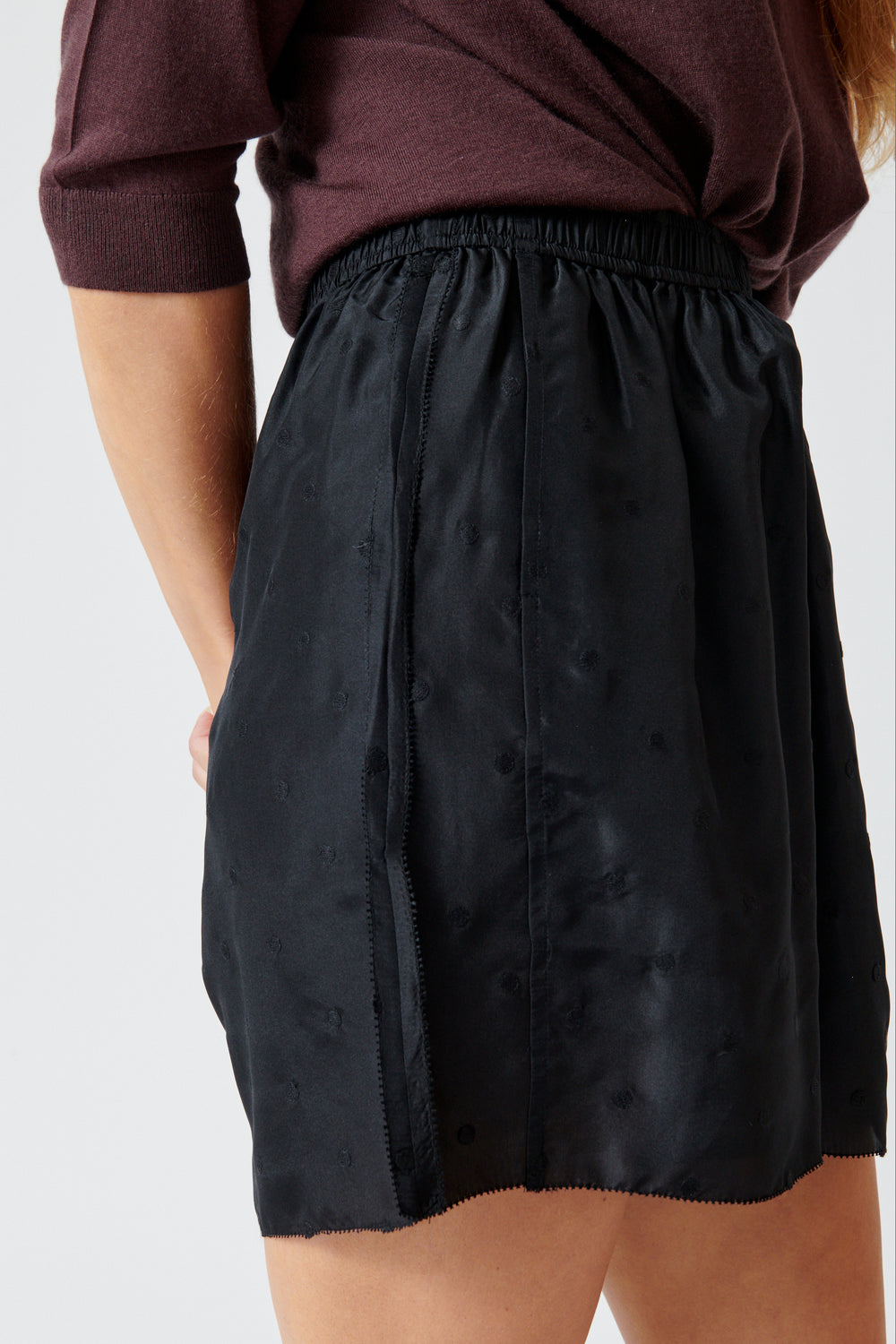 Mari wearing 6397 Embroidered Dot Boxers front/detail view