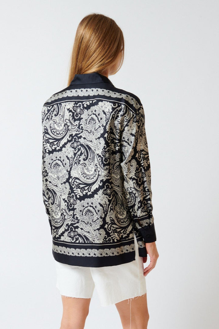 Mari wearing Nili Lotan Alfie Printed Shirt rear view