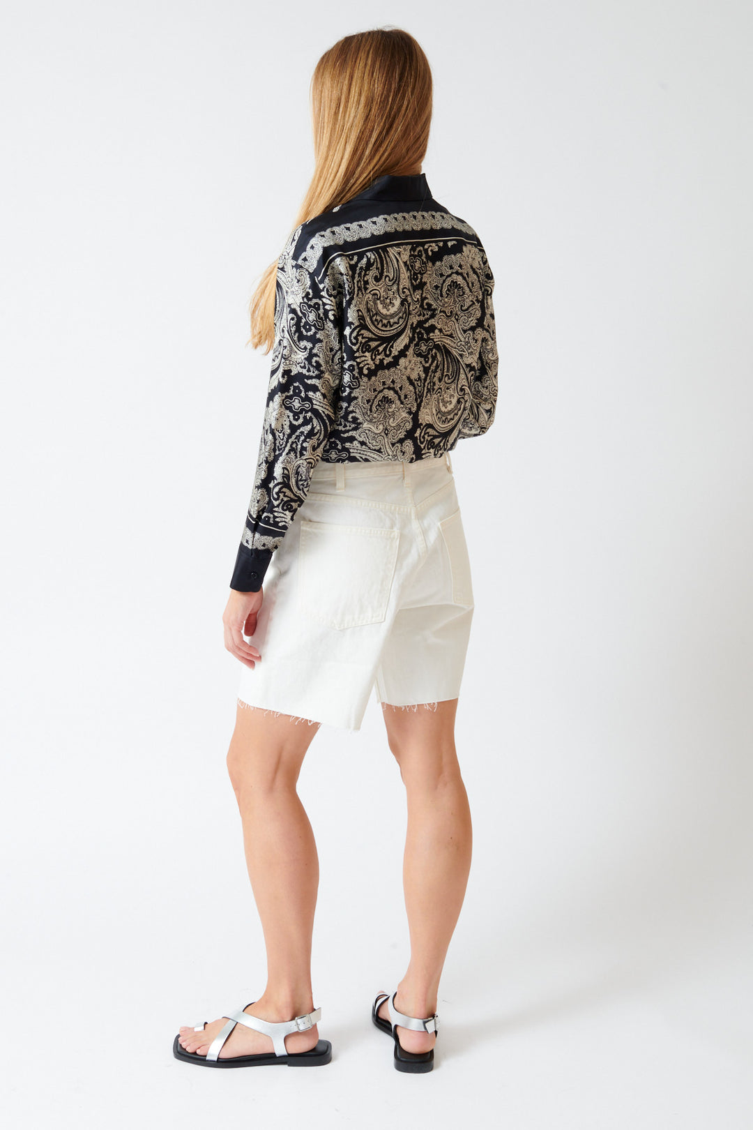 Mari wearing Nili Lotan Russel Denim Short rear view
