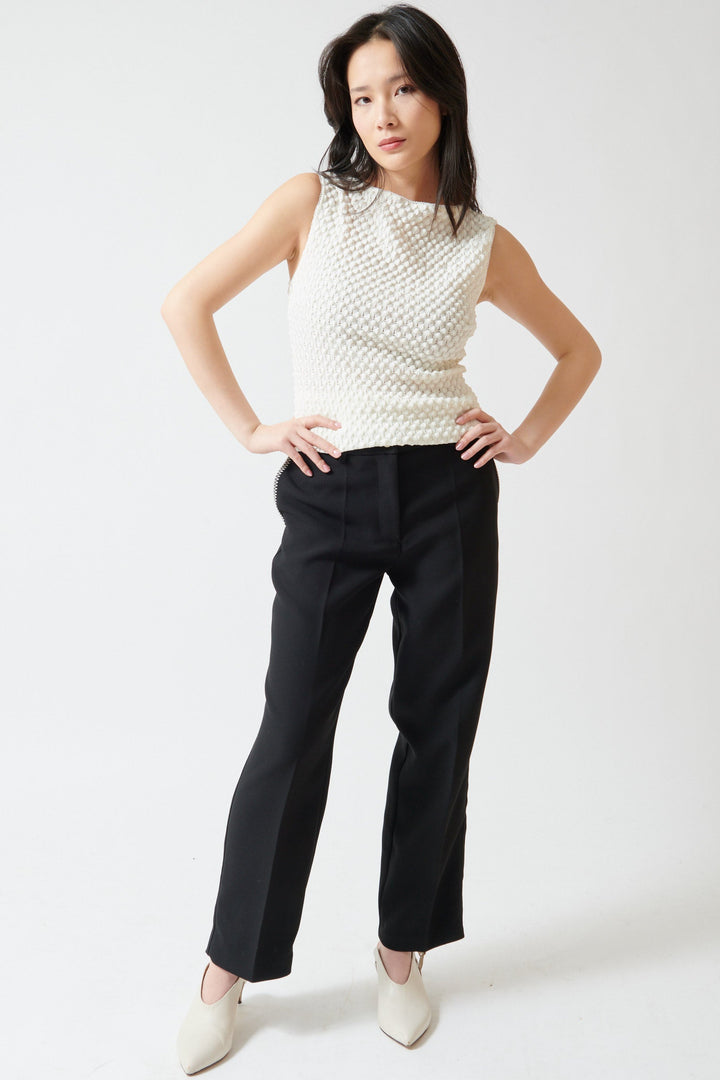Lilly wearing Stine Goya Structured Crepe Straight Tailored Ankle Pants front view