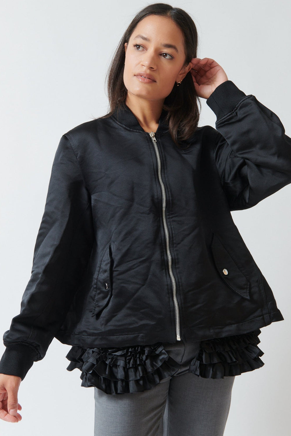 Amanda wearing Comme des Garçons Furbelow Jacket front view