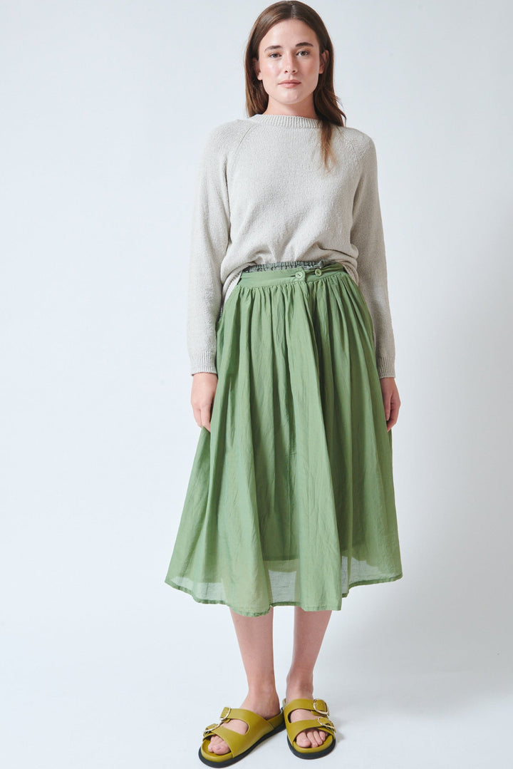 Julia wearing Pas de Calais Cotton Silk Lawn Tuck And Gather Skirt front view