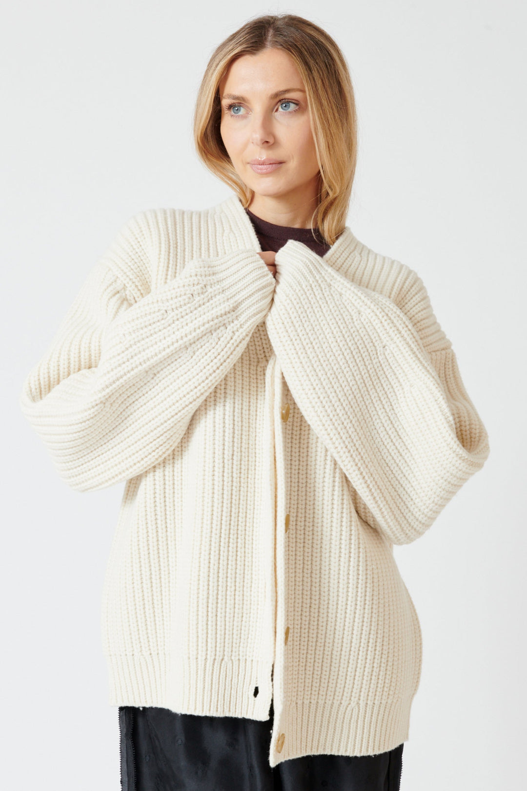 Mari wearing 6397 Fisherman Rib Cardigan front view