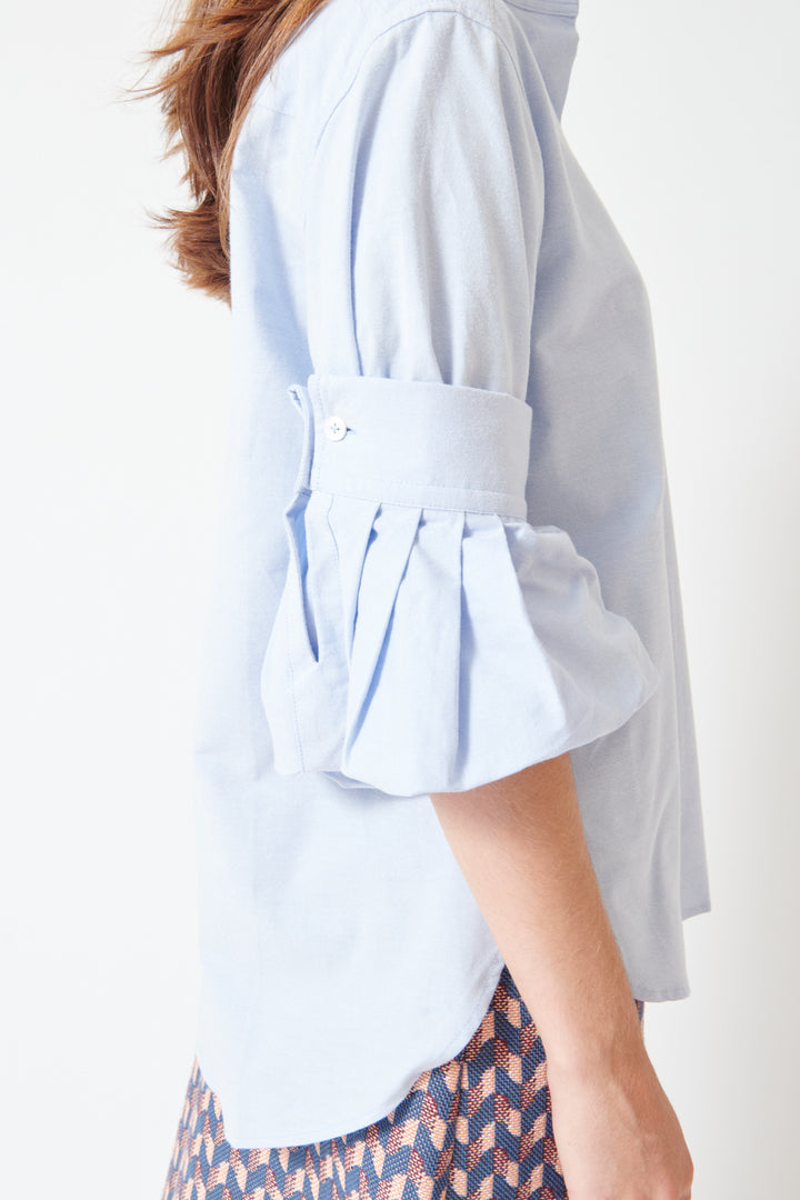Julia wearing Odeeh Washed Oxford All About The Sleeves Shirt detail view
