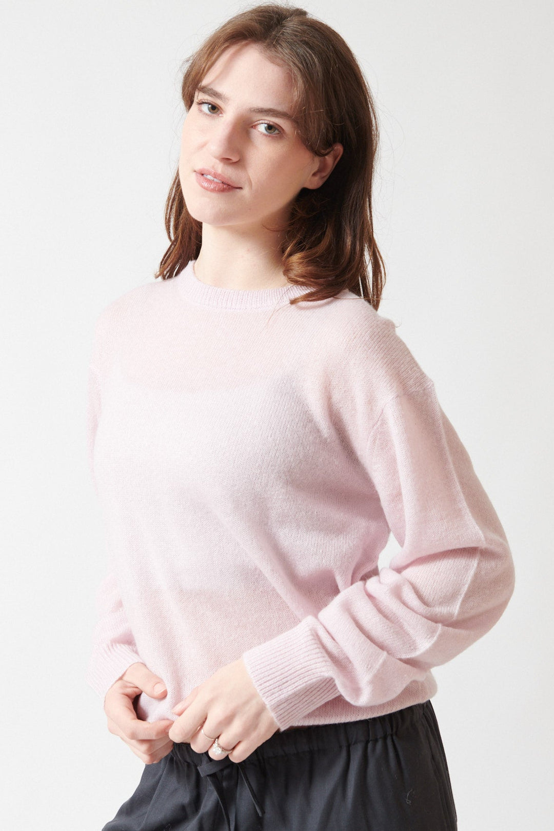 Sophie wearing 6397 Sheer Crew Neck Sweater front view