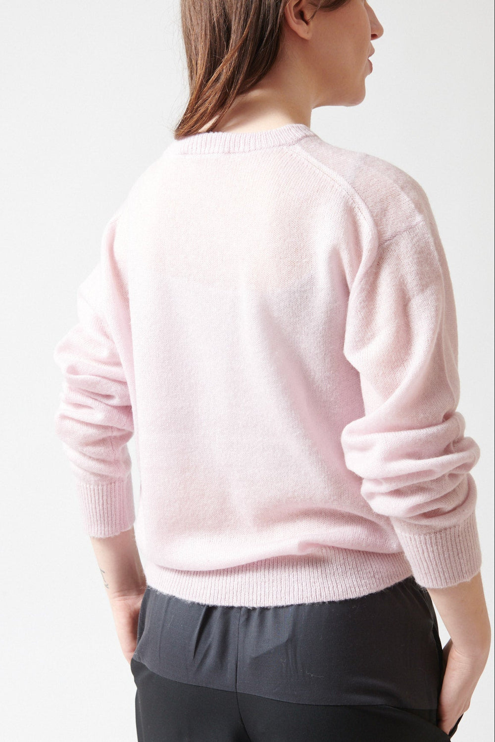 Sophie wearing 6397 Sheer Crew Neck Sweater rear view