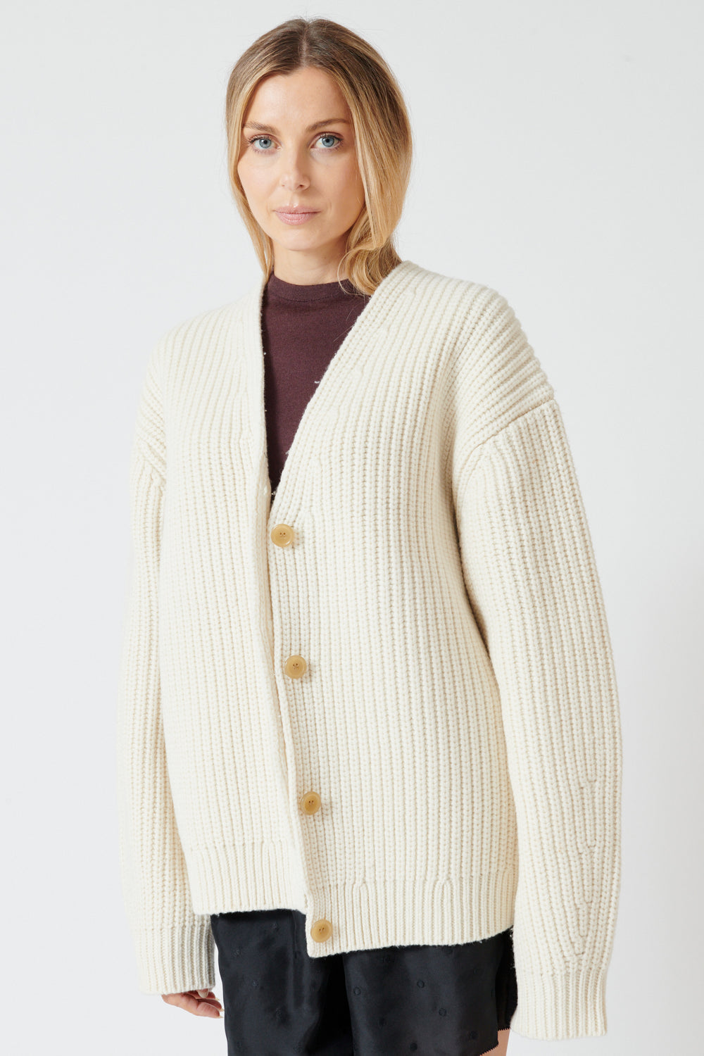 Mari wearing 6397 Fisherman Rib Cardigan front view