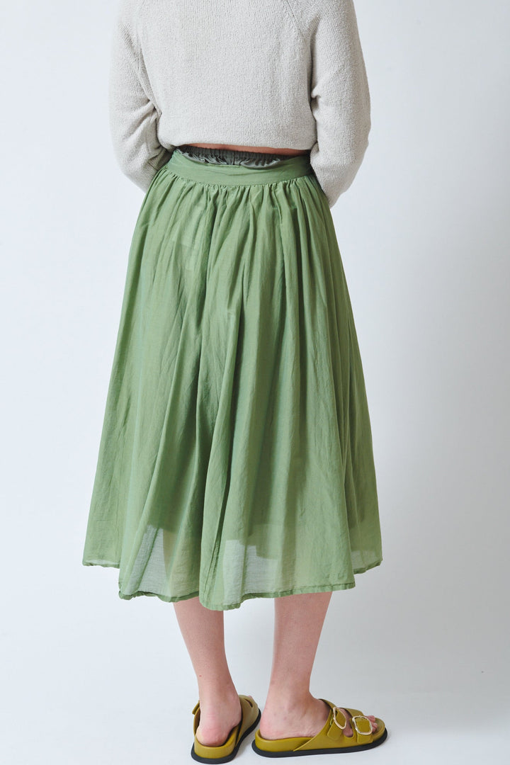 Julia wearing Pas de Calais Cotton Silk Lawn Tuck And Gather Skirt rear view