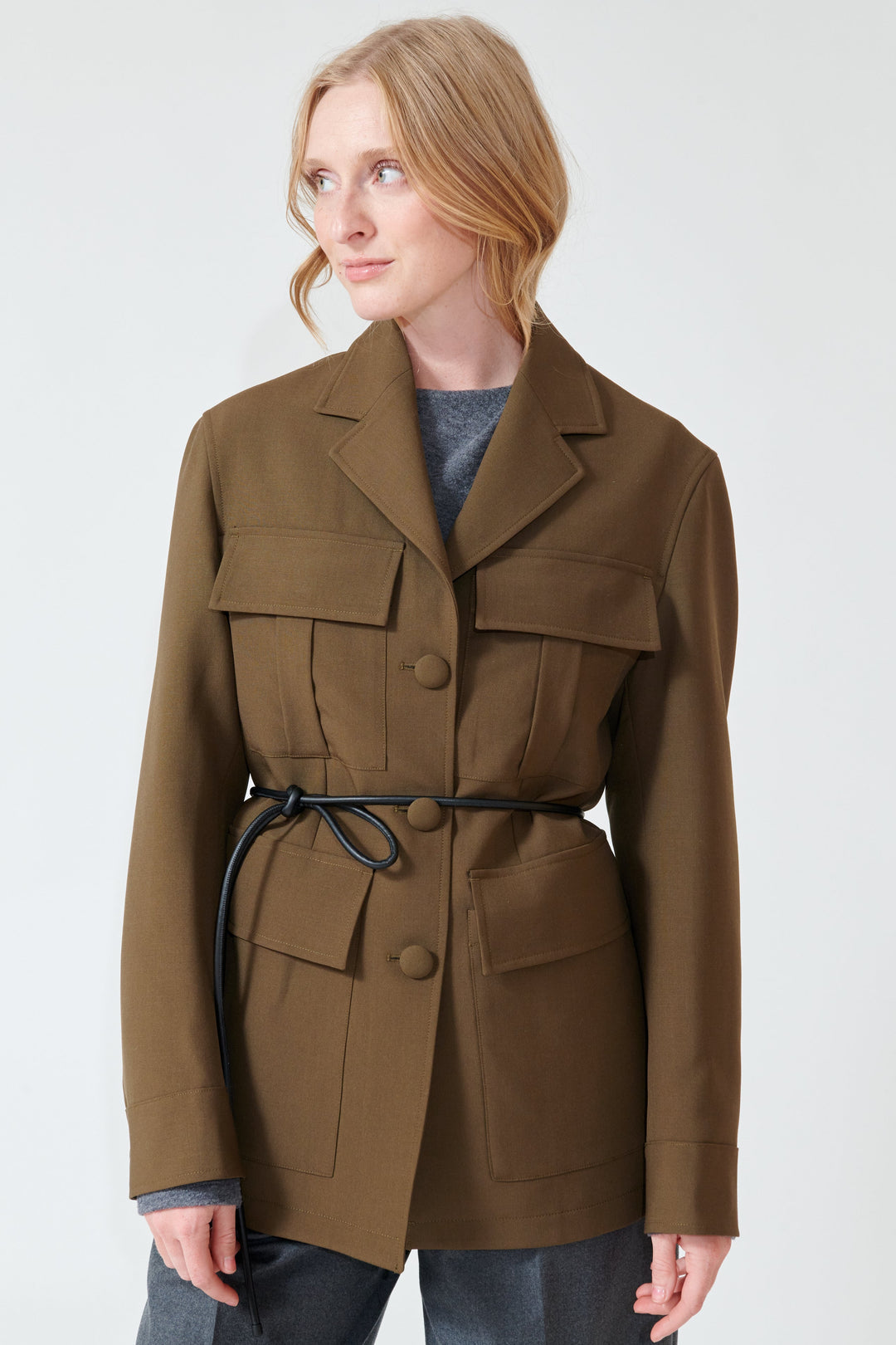 Madi wearing Róhe Safari Blazer Jacket front view