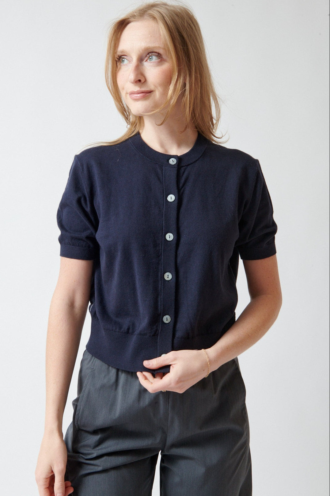 Madi wearing Lilla P Short Sleeve Cardigan front view