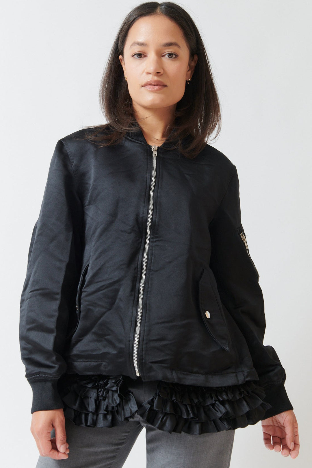 Amanda wearing Comme des Garçons Furbelow Jacket front view