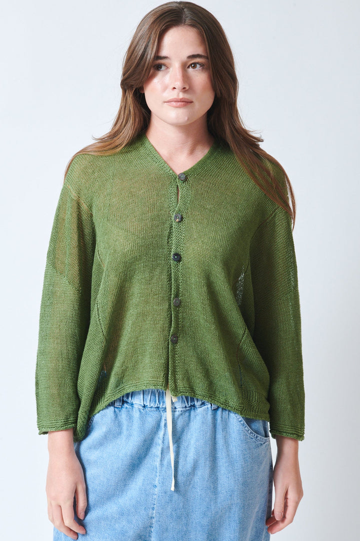 Julia wearing Pas de Calais Normandy Linen V Neck Cardigan front view