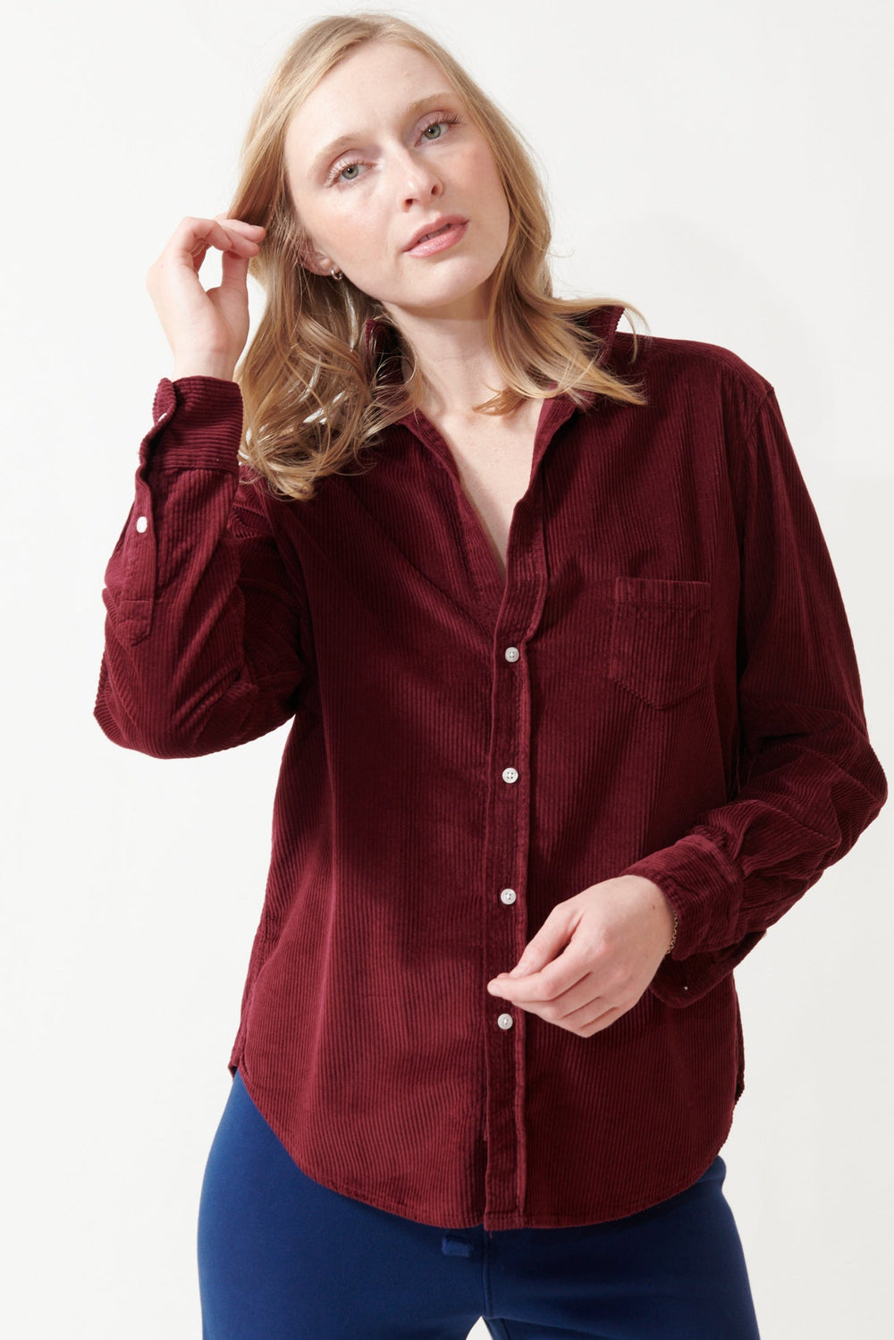Madi wearing Frank & Eileen Eileen Relaxed Button Up Shirt front view