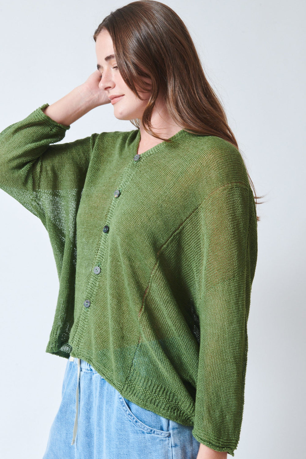 Julia wearing Pas de Calais Normandy Linen V Neck Cardigan side view