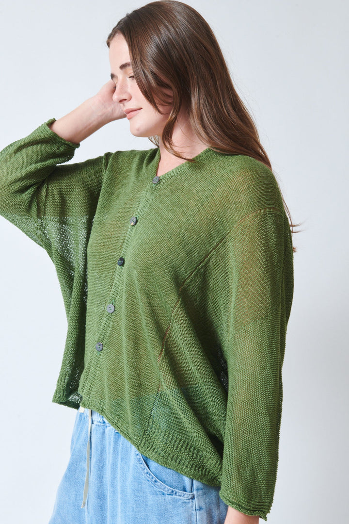 Julia wearing Pas de Calais Normandy Linen V Neck Cardigan side view