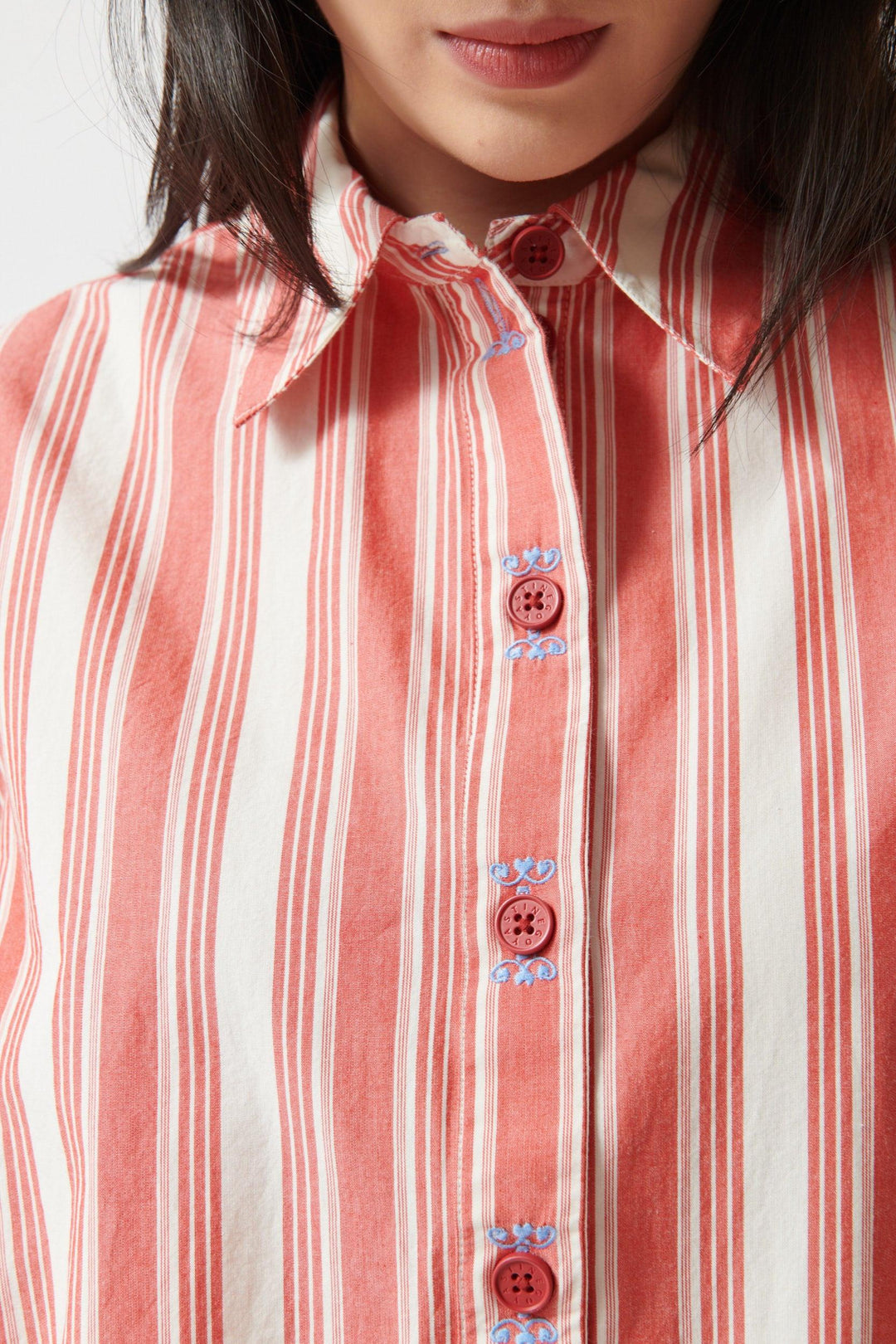 Lilly wearing Stine Goya Striped Embroidered Cotton Loose Long Sleeve Shirt front/detail view