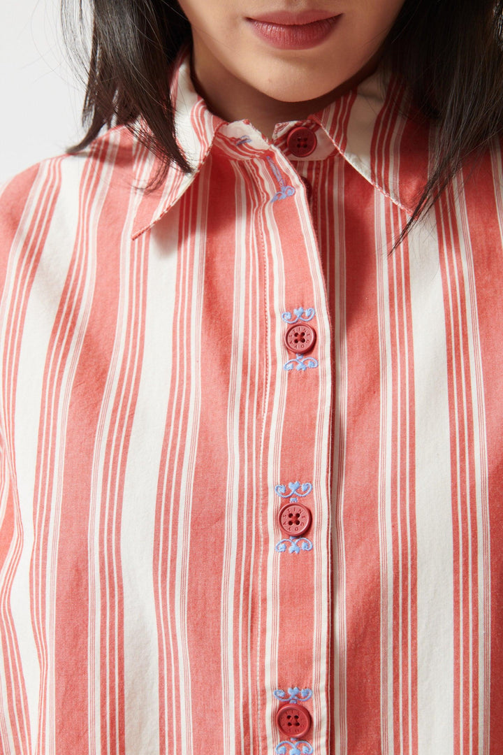 Lilly wearing Stine Goya Striped Embroidered Cotton Loose Long Sleeve Shirt front/detail view