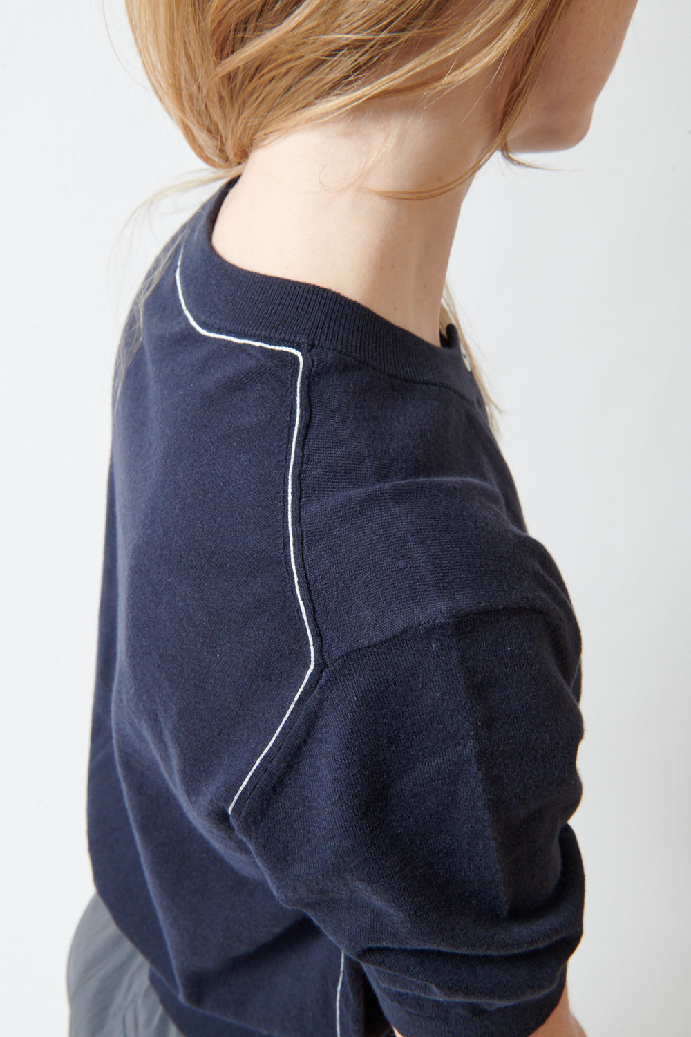 Madi wearing Lilla P Short Sleeve Cardigan detail view