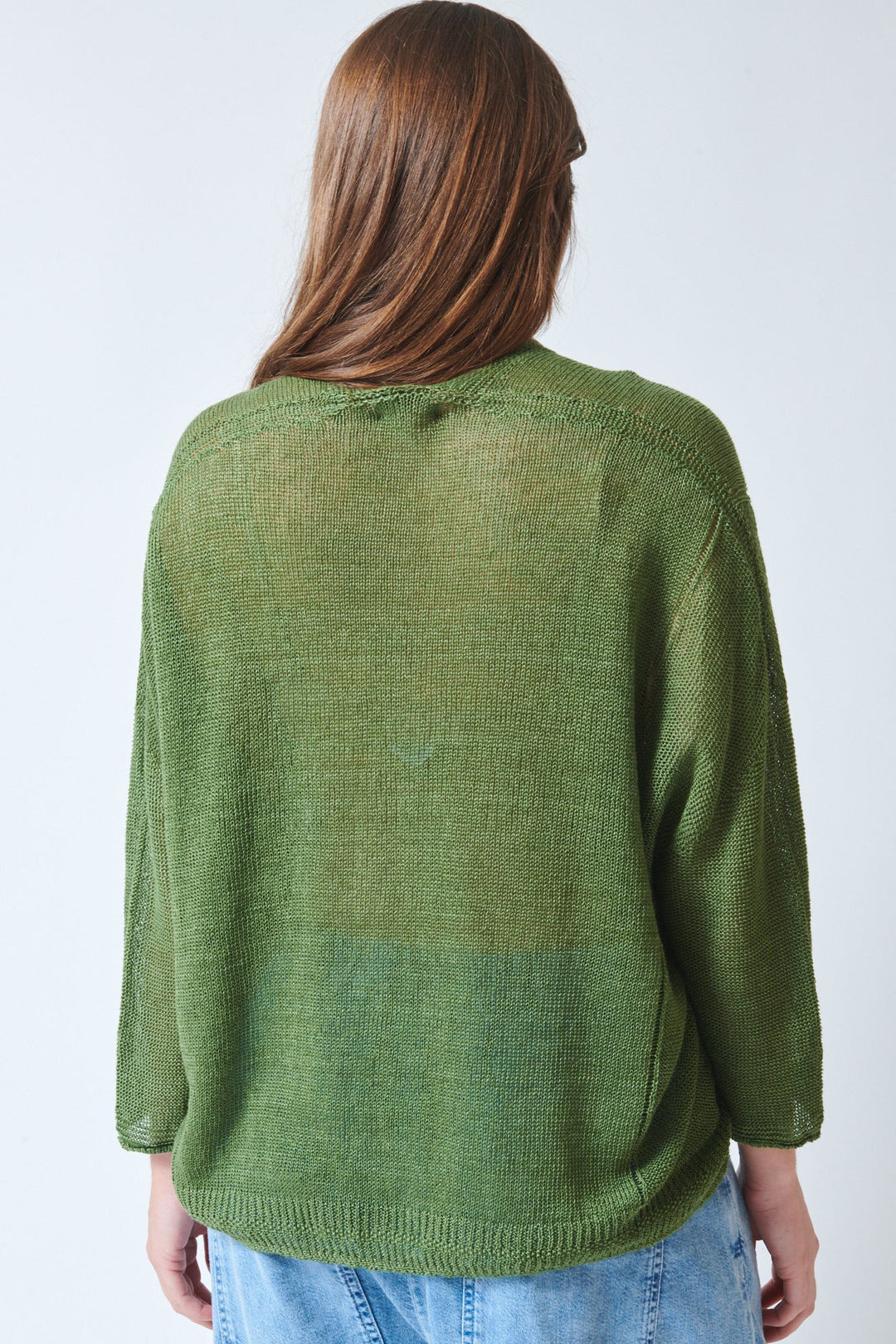 Julia wearing Pas de Calais Normandy Linen V Neck Cardigan rear view