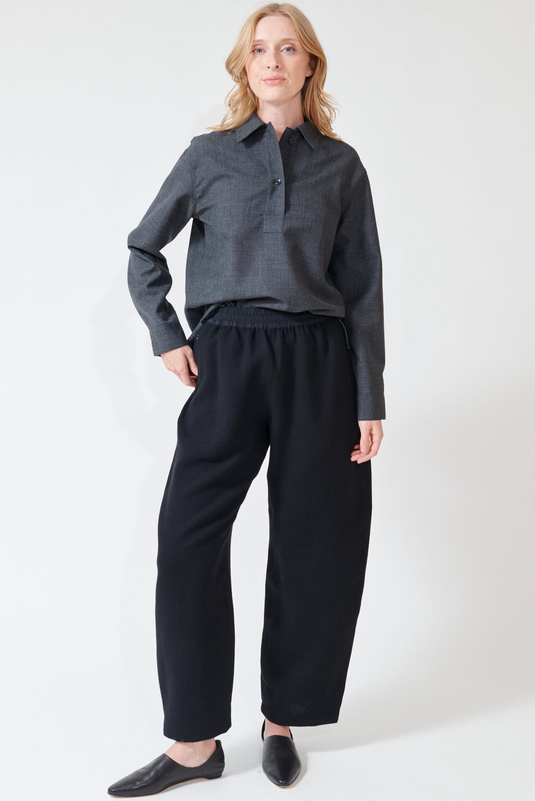 Madi wearing Studio Nicolson Thalo Elastic Waist Pant front view