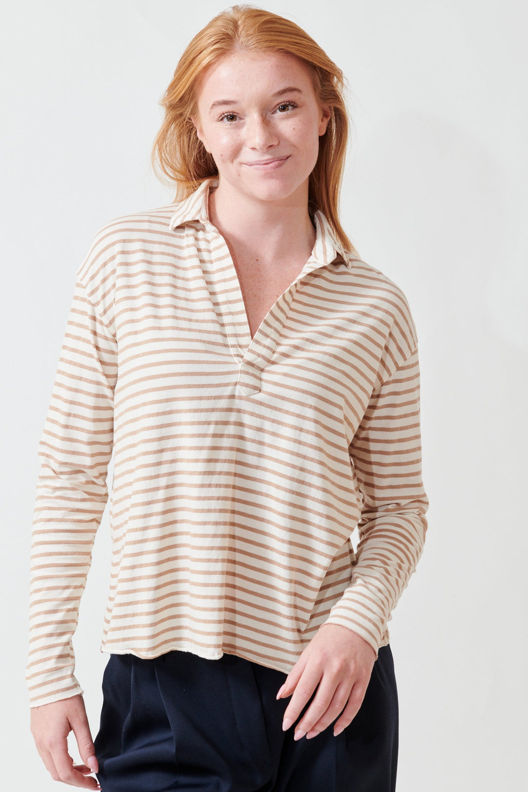 Aysia wearing Frank & Eileen Patrick Popover Henley Top front view