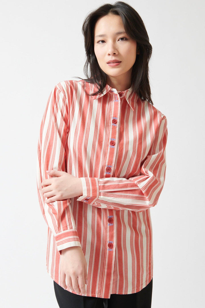Lilly wearing Stine Goya Striped Embroidered Cotton Loose Long Sleeve Shirt front view