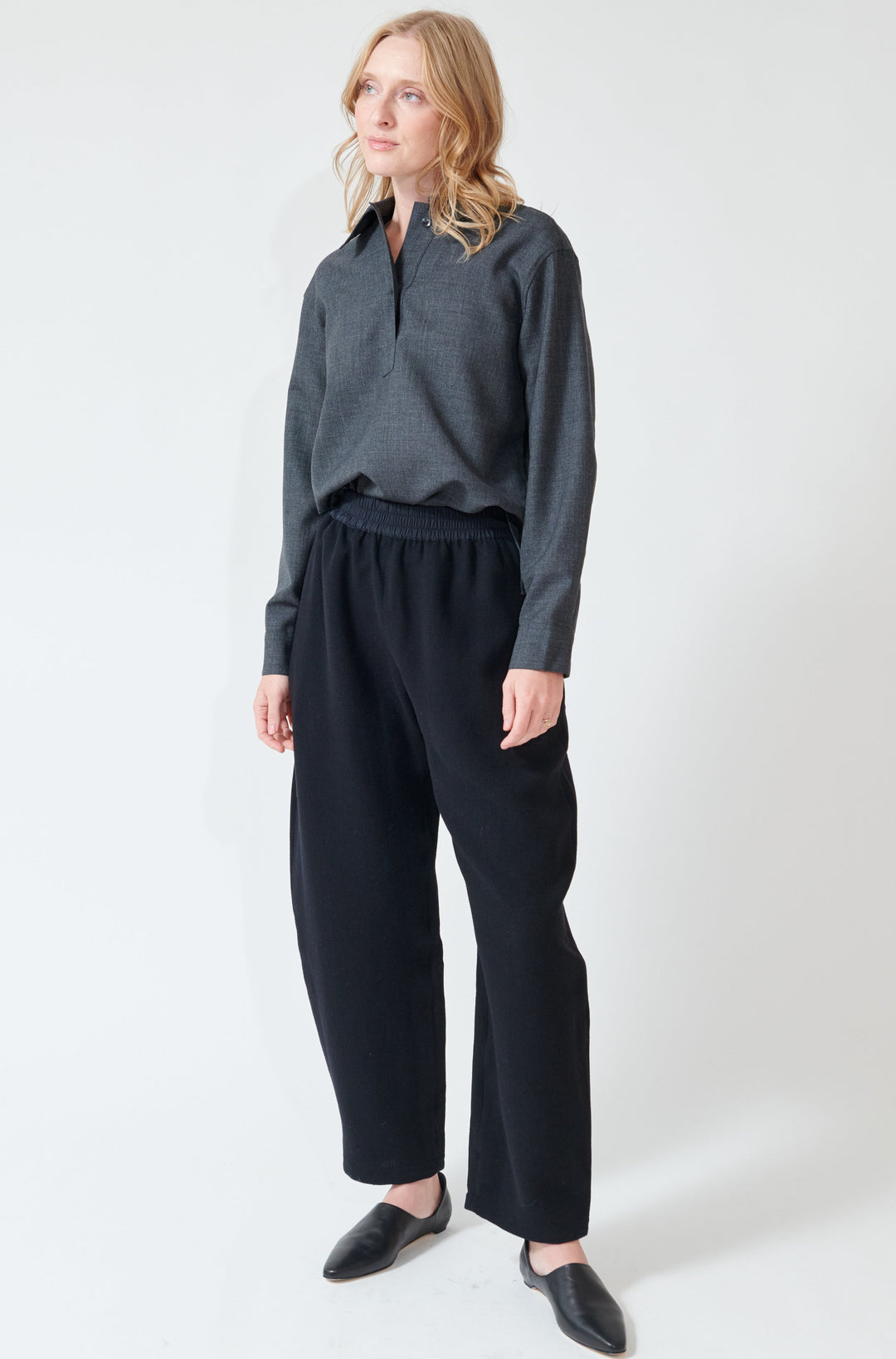 Madi wearing Studio Nicolson Thalo Elastic Waist Pant front view