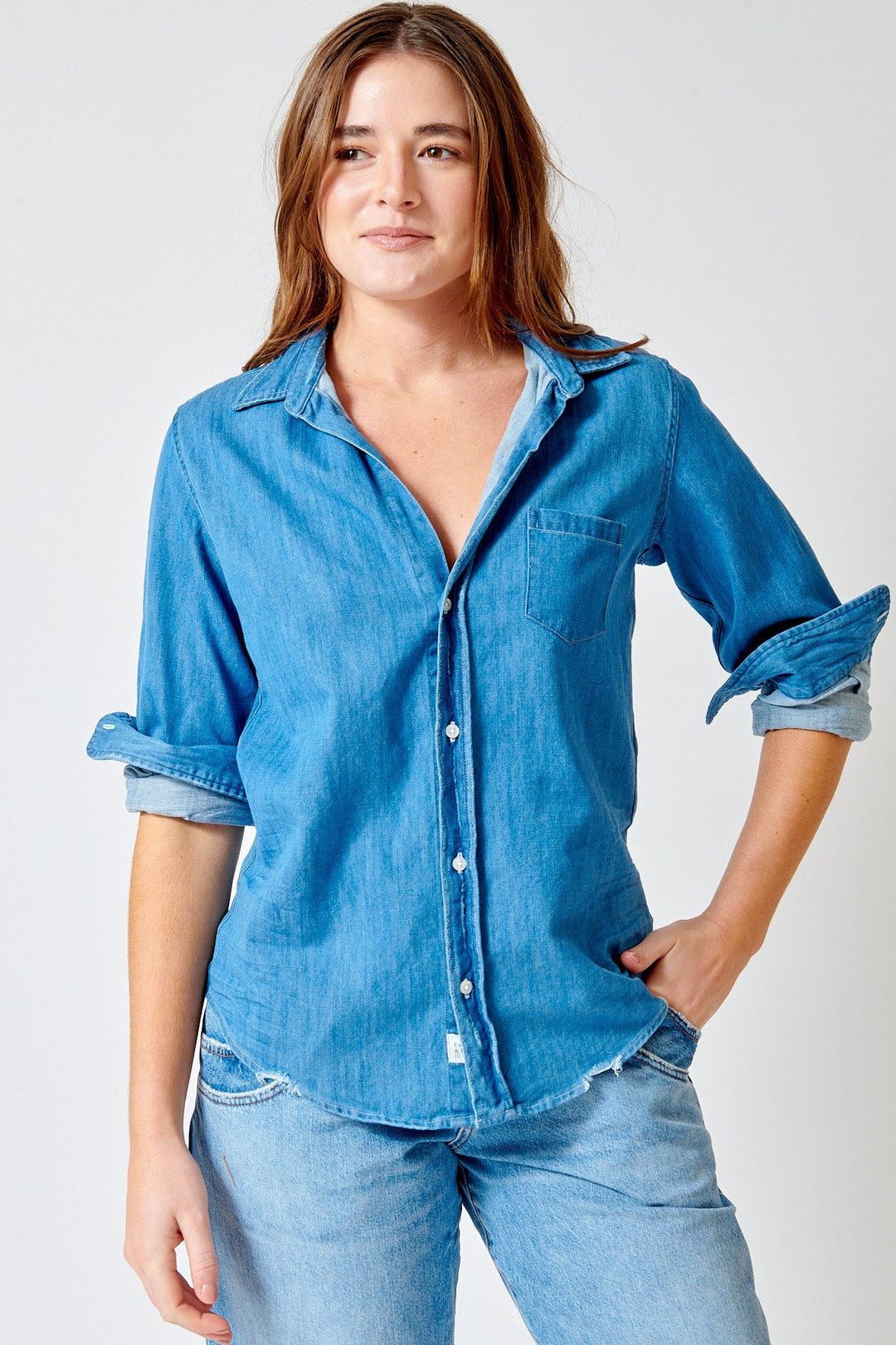 Julia wearing Frank & Eileen Barry Tailored Button Up Shirt front view