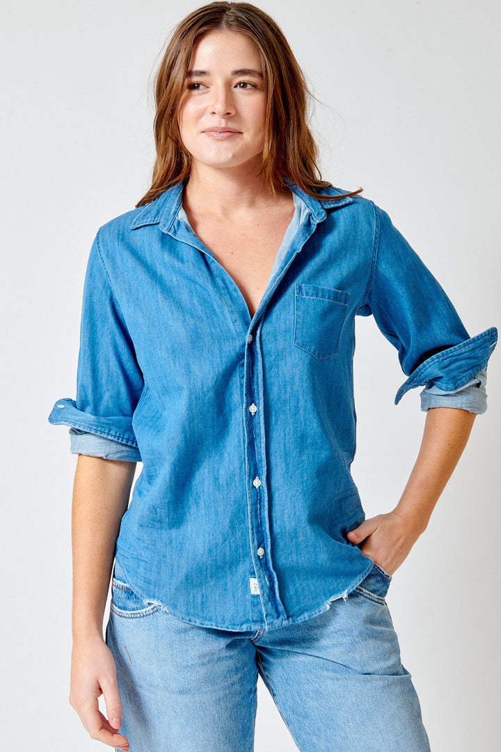 Julia wearing Frank & Eileen Barry Tailored Button Up Shirt front view