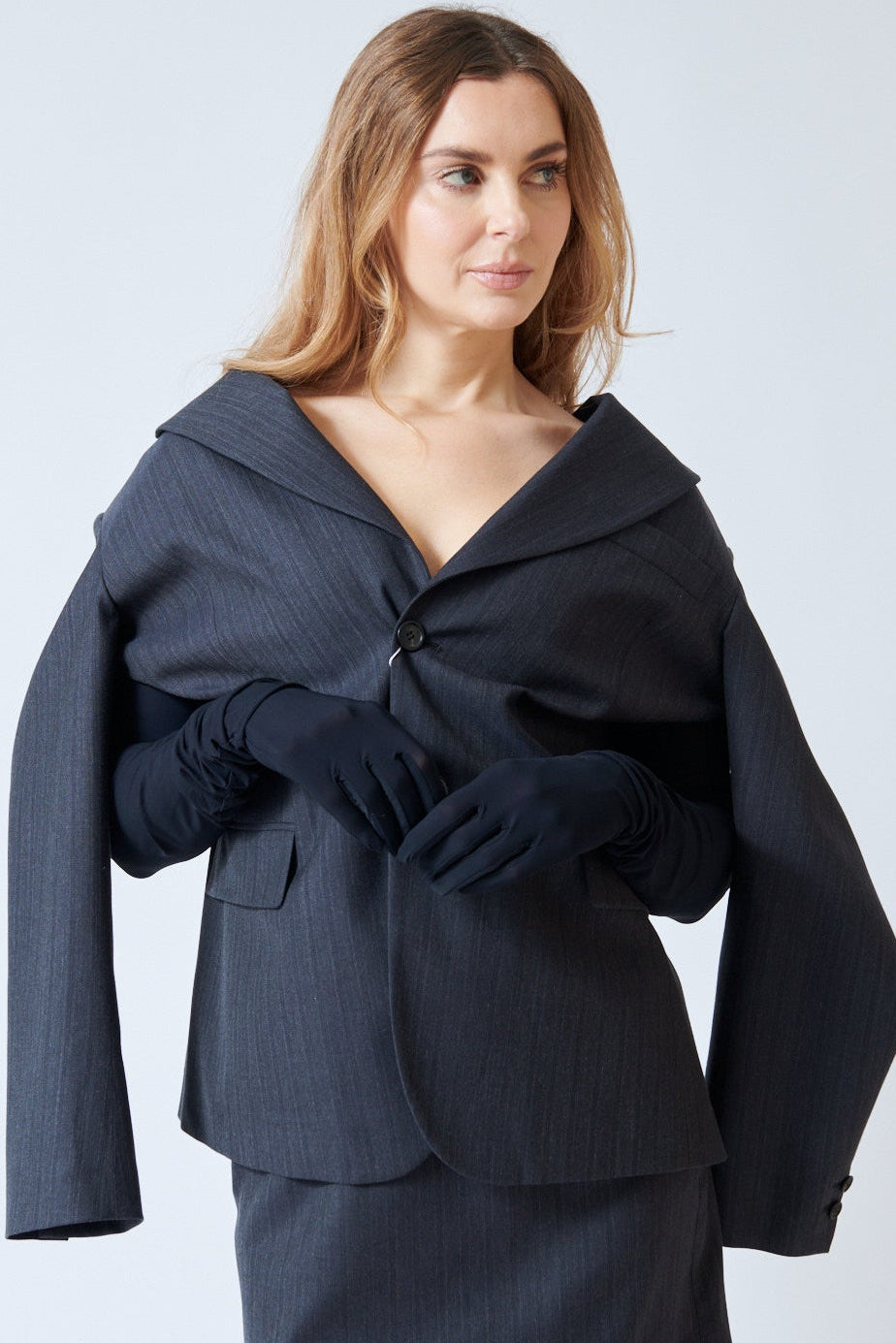 Mari wearing MM6 Maison Margiela No Glove No Love Jacket front view