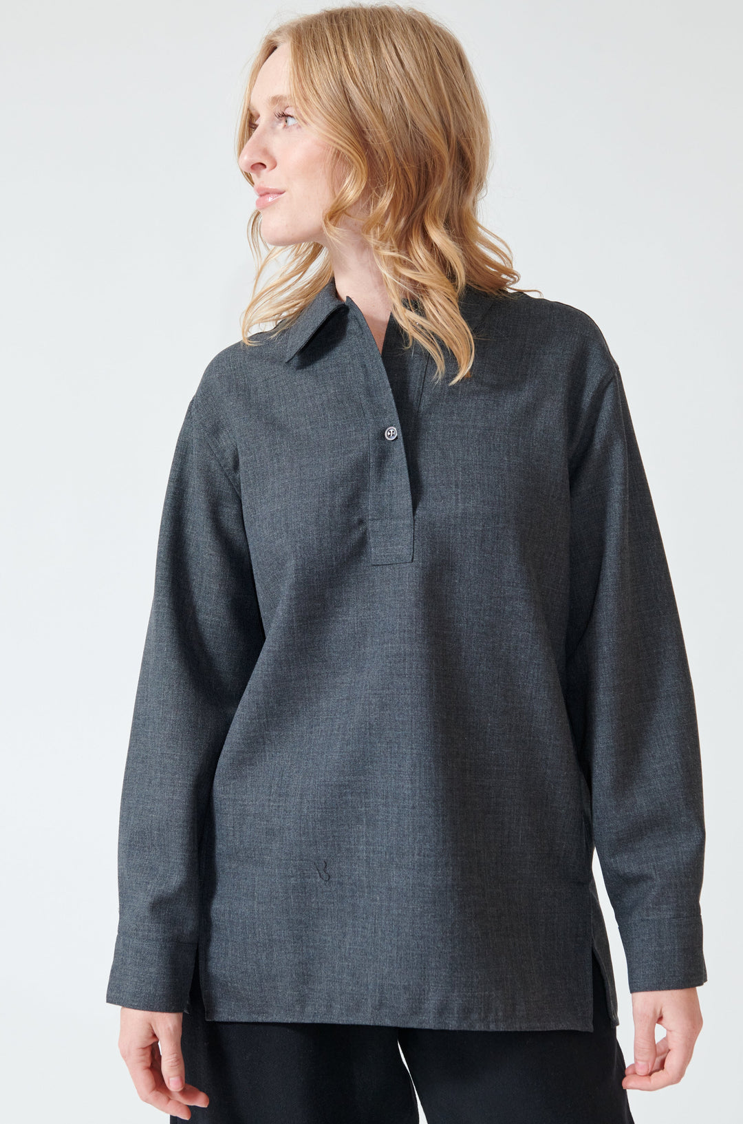 Madi wearing Studio Nicolson Pinole Half Placket Shirt front view